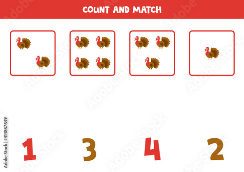 Counting game with cartoon turkeys. Math worksheet.