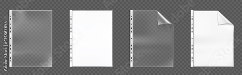 Plastic punched pockets, empty folders with folded corner and holes, bags with white blank sheets isolated on transparent background. Waterproof envelope for documents, Realistic 3d vector mock up set