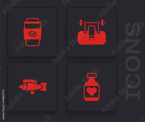 Set Vitamin pill, Coffee cup to go, Bench with barbel and Fish icon. Vector.