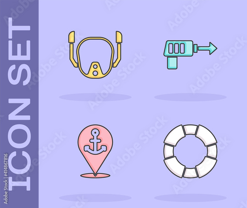 Set Lifebuoy, Diving mask, Location with anchor and Fishing harpoon icon. Vector.