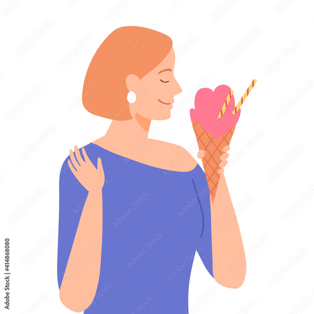 Young blonde woman with ice cream. No diet. Happy character on white background. Vector illustration in flat style. Young blonde woman with ice cream. No diet. Happy character on white background. Vector illustration in flat style.
