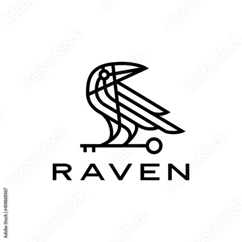 raven crow key black bird monoline line logo vector icon illustration