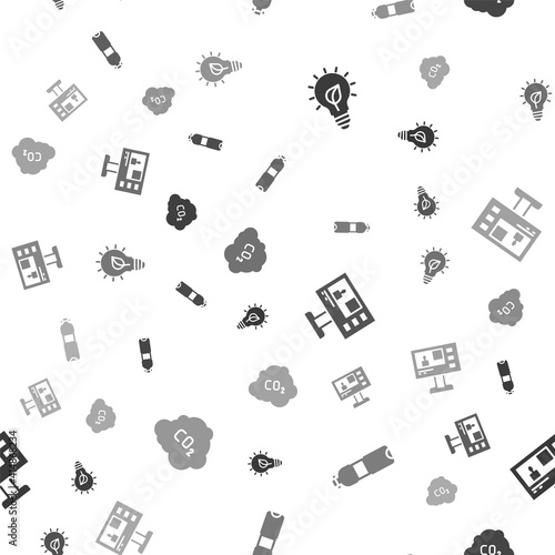 Set Light bulb with leaf, Bottle of water, Television report and CO2 emissions in cloud on seamless pattern. Vector.