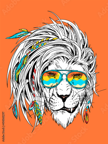Beautiful  hipster lion head in boho style . Illustration in a hand-drawn style. Wild animal in sunglasses. Stylish summer image for printing on any surface