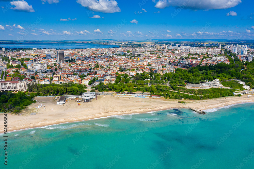 Aerial view of the main beach of the bulgarian town Bourgas - obrazy, fototapety, plakaty 