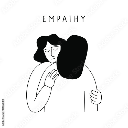 Empathy concept. Girl hugging and supporting girl. Outline illustration on white background.