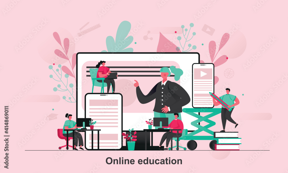 Online education web concept design in flat style. Students learning online scene visualization. Professional courses and webinars. Vector illustration with tiny people characters in life situation.