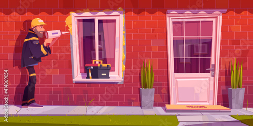 Worker installs plastic window at house. Construction and repair works service. Vector cartoon illustration of man in helmet that installing polyurethane foam on window in brick wall
