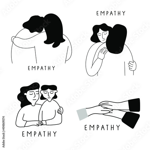 Set of outline vector illustrations about empathy. People hugging and supporting each other.