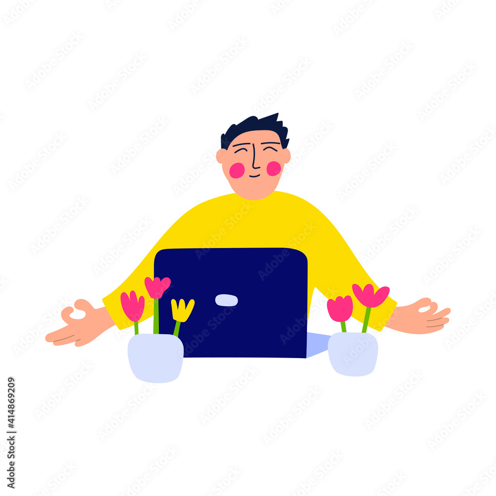 Man sitting with laptop and meditates at work. Hand drawn illustration on white background. Man sitting with laptop and meditates at work. Hand drawn illustration on white background.