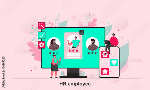HR employee web design in flat style. headhunter or recruiter study candidates scene visualization. Personnel hiring and employment. Vector illustration with tiny people characters in life situation