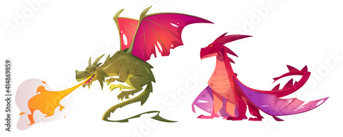 Fairy tale dragons, magic creature with tail and wings. Vector cartoon illustration of fire breathing monsters from medieval mythology, fantasy red and green flying beasts isolated on white background