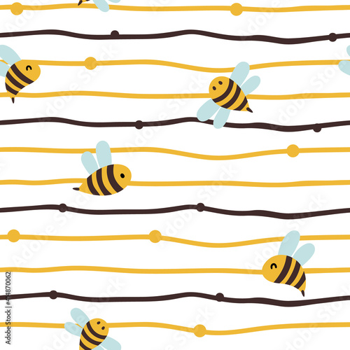 Honey Bee kids seamless pattern, cute bumble bee and strips digital paper, cartoon insects and summer flowers, nursery seamless background for baby textile, scrapbooking, wrapping paper, wallpaper