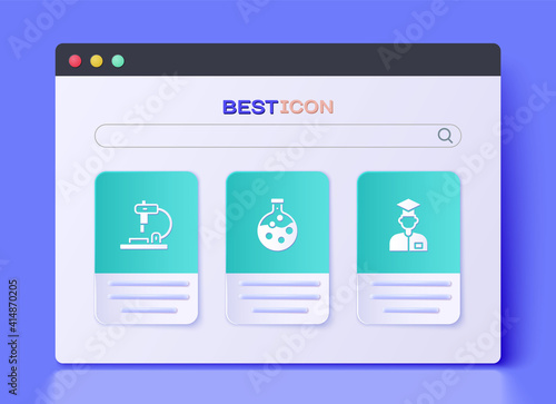 Set Test tube and flask, Microscope and Laboratory assistant icon. Vector.