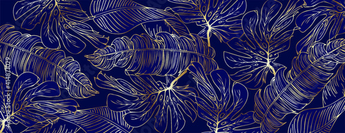 Luxury gold and nature blue background vector. Floral pattern, Golden split-leaf Philodendron plant with monstera plant line arts, Vector illustration.