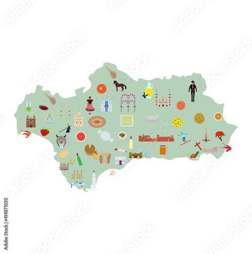 Map of autonomous community of Andalusia Spain with monuments or places of tourist interest