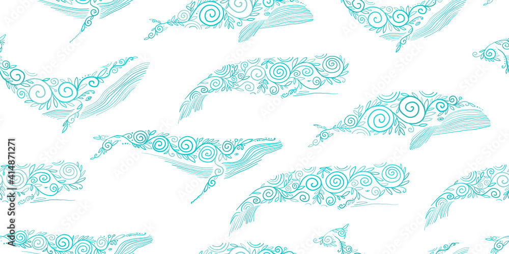 Wild Whales with Ethnic Ornaments. Seamless Pattern for your design