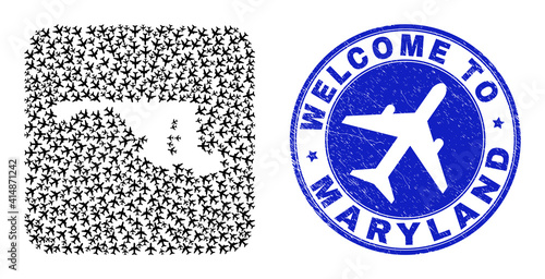 Vector collage Maryland State map of aircraft items and grunge Welcome badge. Collage geographic Maryland State map designed as carved shape from rounded square shape with airports.