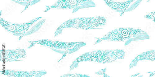 Wild Whales with Ethnic Ornaments. Seamless Pattern for your design