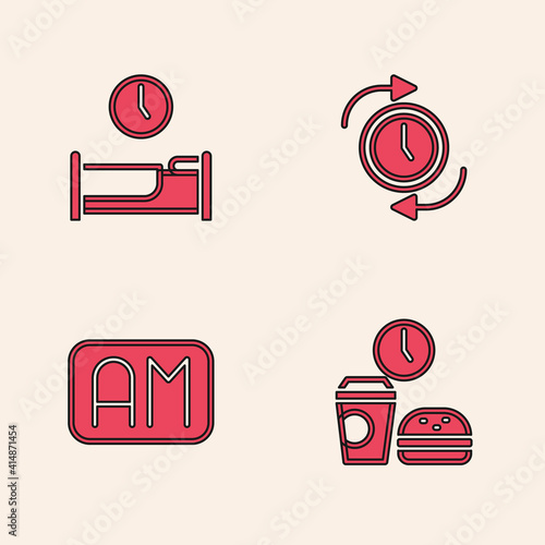 Set Fast food time, Time to sleep, Clock with arrow and Morning icon. Vector.
