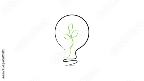 Light bulb and green sprout animation in one line. Energy saving, ecology animated symbol
