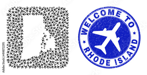 Vector collage Rhode Island State map of aero items and grunge Welcome badge. Mosaic geographic Rhode Island State map created as stencil from rounded square with air planes.