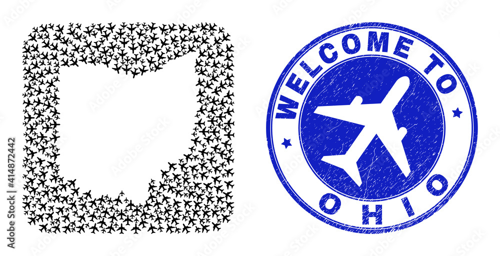 Vector mosaic Ohio State map of airliner elements and grunge Welcome ...