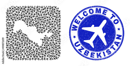 Vector mosaic Uzbekistan map of air vehicle elements and grunge Welcome seal stamp. Collage geographic Uzbekistan map designed as subtraction from rounded square with air transport.