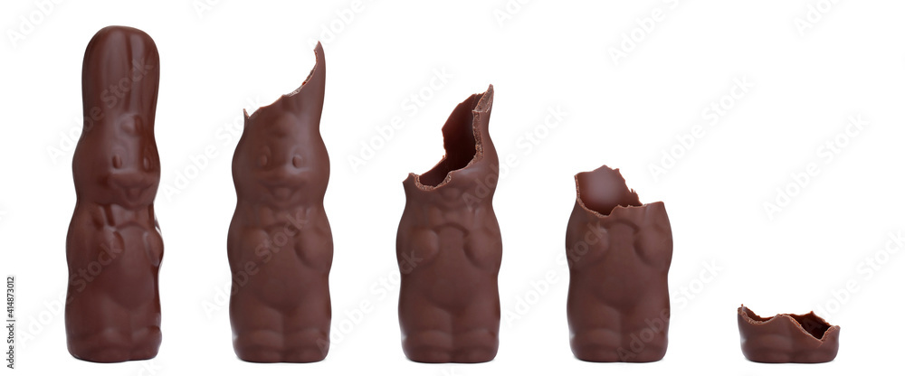 Process of eating delicious chocolate Easter bunny on white background, banner design Process of eating delicious chocolate Easter bunny on white background, banner design