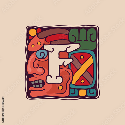 Letter F logo in Aztec, Mayan or Incas style.