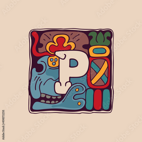Letter P logo in Aztec, Mayan or Incas style.