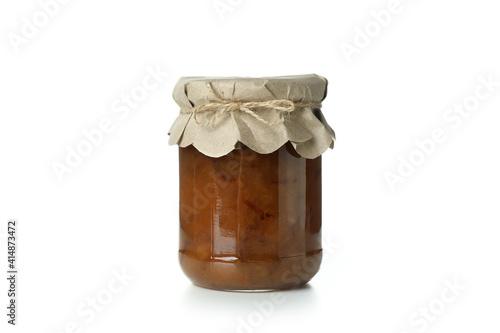 Glass jar of pear jam isolated on white background