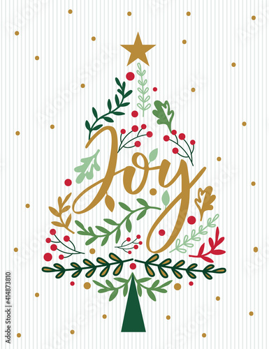 Christmas tree with joy letter and holly leaf pattern
