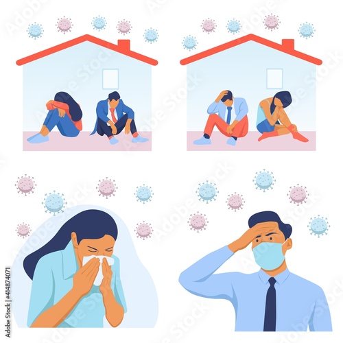Young man and woman infected with Coronavirus vector flat illustration. People in medical face masks have a cough, surrounded by Covid-19 cells. Sick persons having cold.
