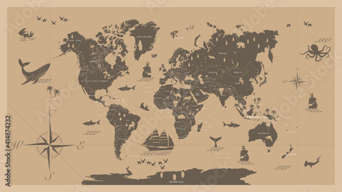The world map in vintage style  with all countries boundaries and names 