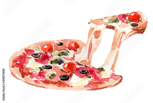 Watercolor illustration of delicious pizza with olives mushrooms and tomatoes