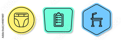 Set line Diaper for dog, Grooming salon price list and Pet grooming table. Colored shapes. Vector.