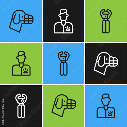 Set line Dog in muzzle, Pet nail clippers and Veterinarian doctor icon. Vector.
