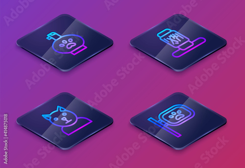 Set Isometric line Pet shampoo, Cat, scratching post and grooming. Blue square button. Vector.