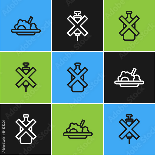 Set line Healthy food, No alcohol and doping syringe icon. Vector.