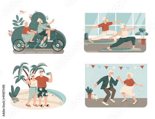 Set of happy active elderly couples isolated on white background. Healthy lifestyle and outdoor activities for grandparents. Flat cartoon vector illustration.