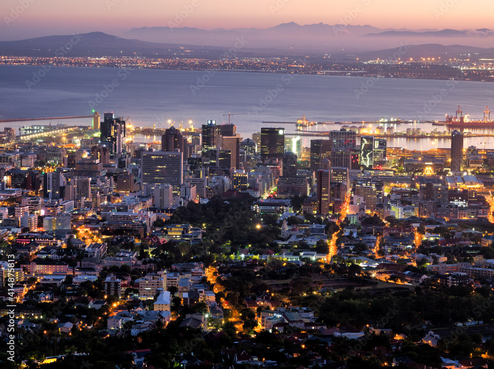 Aerial view of Cape Town City, Harbor and Table Bay at dawn