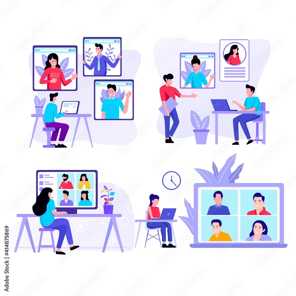 Video conference. People group on computer screen taking with colleague. Video conferencing and online communication vector concept. Illustration of communication screen conference, videoconferencing Video conference. People group on computer screen taking with colleague. Video conferencing and online communication vector concept. Illustration of communication screen conference, videoconferencing