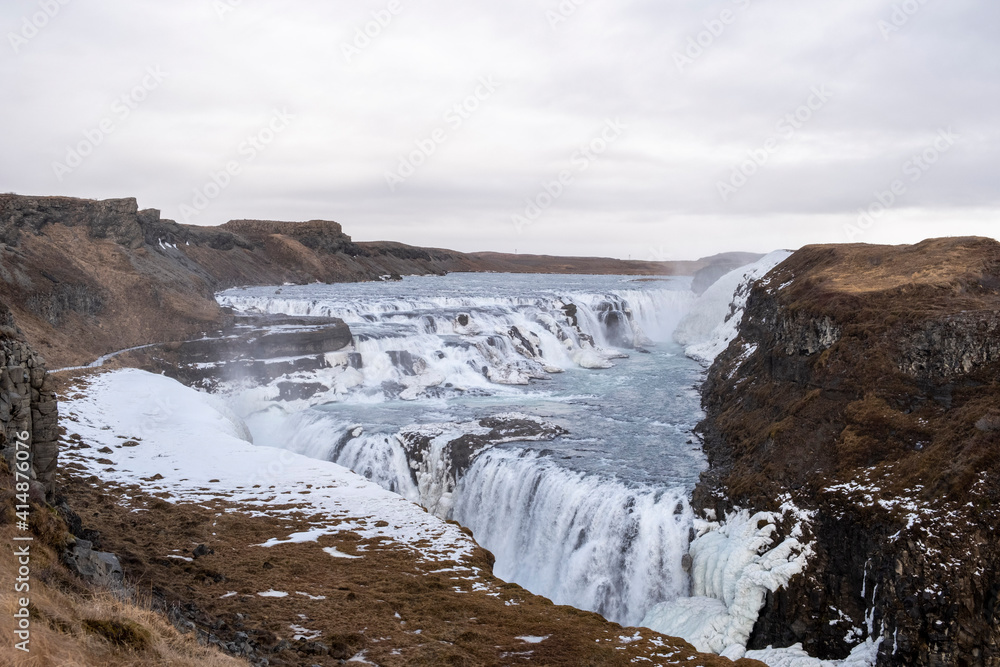 The waterfall Gullfoss at the watercourse of the river Hvíta (2 steps, 32m) near the village of Geysir. The waterfall Gullfoss at the watercourse of the river Hvíta (2 steps, 32m) near the village of Geysir.