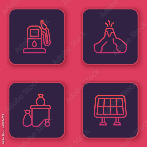 Set line Petrol or gas station, Full dustbin, Volcano eruption with lava and Solar energy panel. Blue square button. Vector.