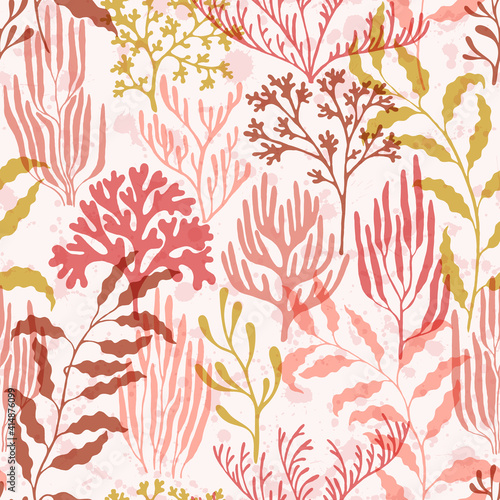 Coral reef seamless pattern., Tropical coral reef branch silhouette elements.