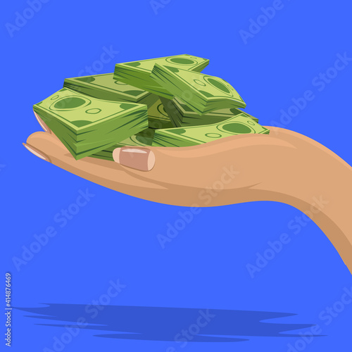 Female Hand showing or holding cash with pay or buying gesture. Finance or bribe concept design. Flat and solid color vector illustration. Side view
