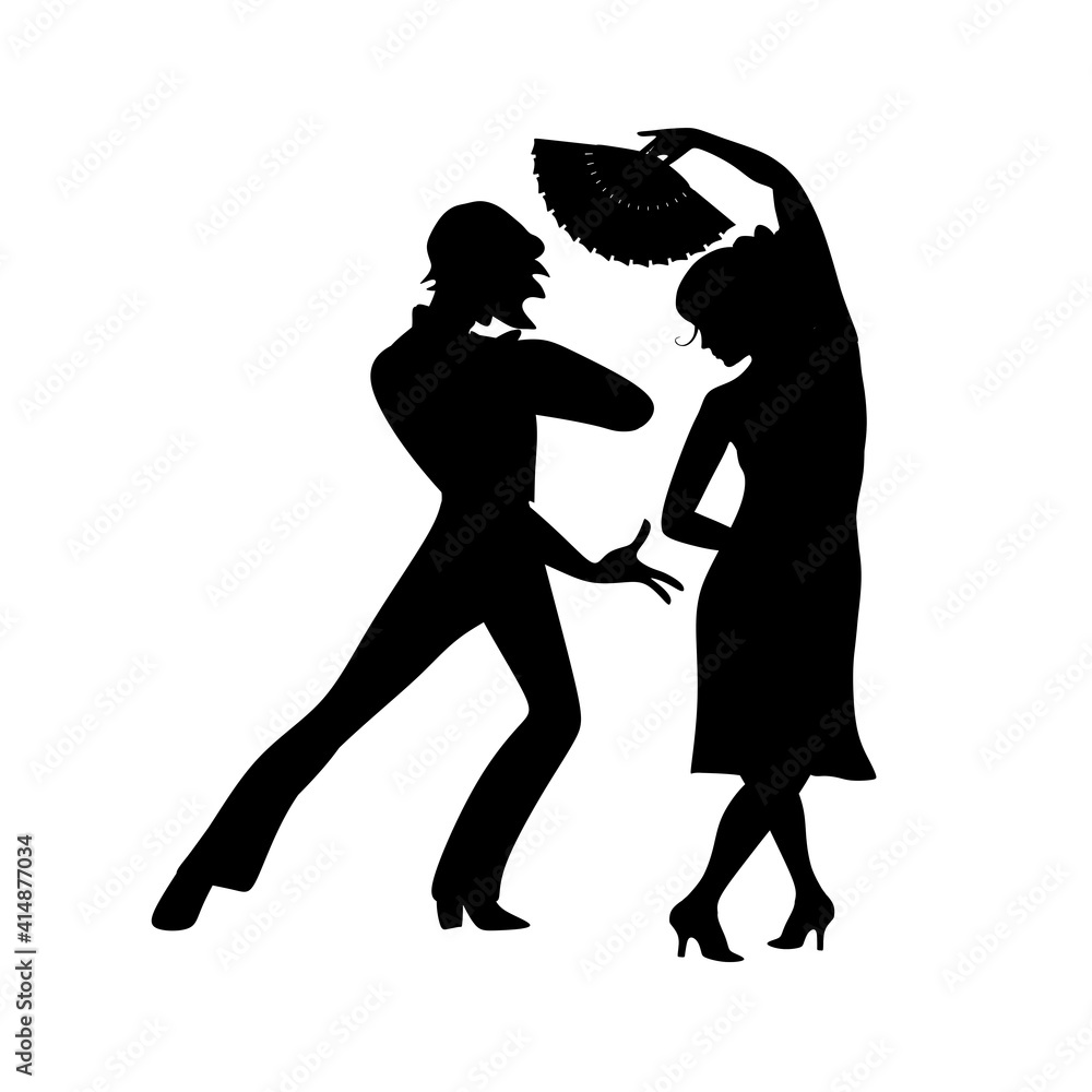 Young handsome couple in love dancing flamenco. Black silhouettes isolated on white background.