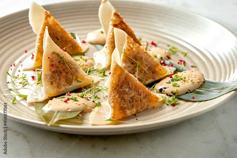Fried dumplings or Japanese Gyoza in yellow sauce, cherry tomatoes and green peas, served in a white plate on a marble background. Pan-Asian cuisine. Restaurant food Fried dumplings or Japanese Gyoza in yellow sauce, cherry tomatoes and green peas, served in a white plate on a marble background. Pan-Asian cuisine. Restaurant food