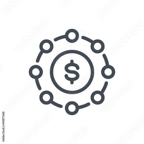 Sources of income and Moneyflow line icon. Dollar coin with income network vector outline sign.